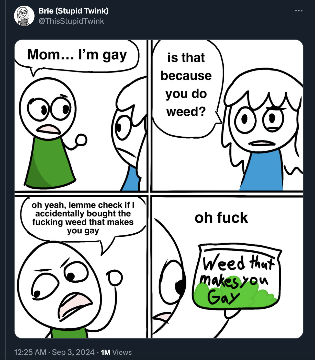 cartoon - Brie Stupid Twink Twink Mom... I'm gay oh yeah, lemme check if I accidentally bought the fucking weed that makes you gay 1M Views is that because you do weed? oh fuck Weed that makes you Gay